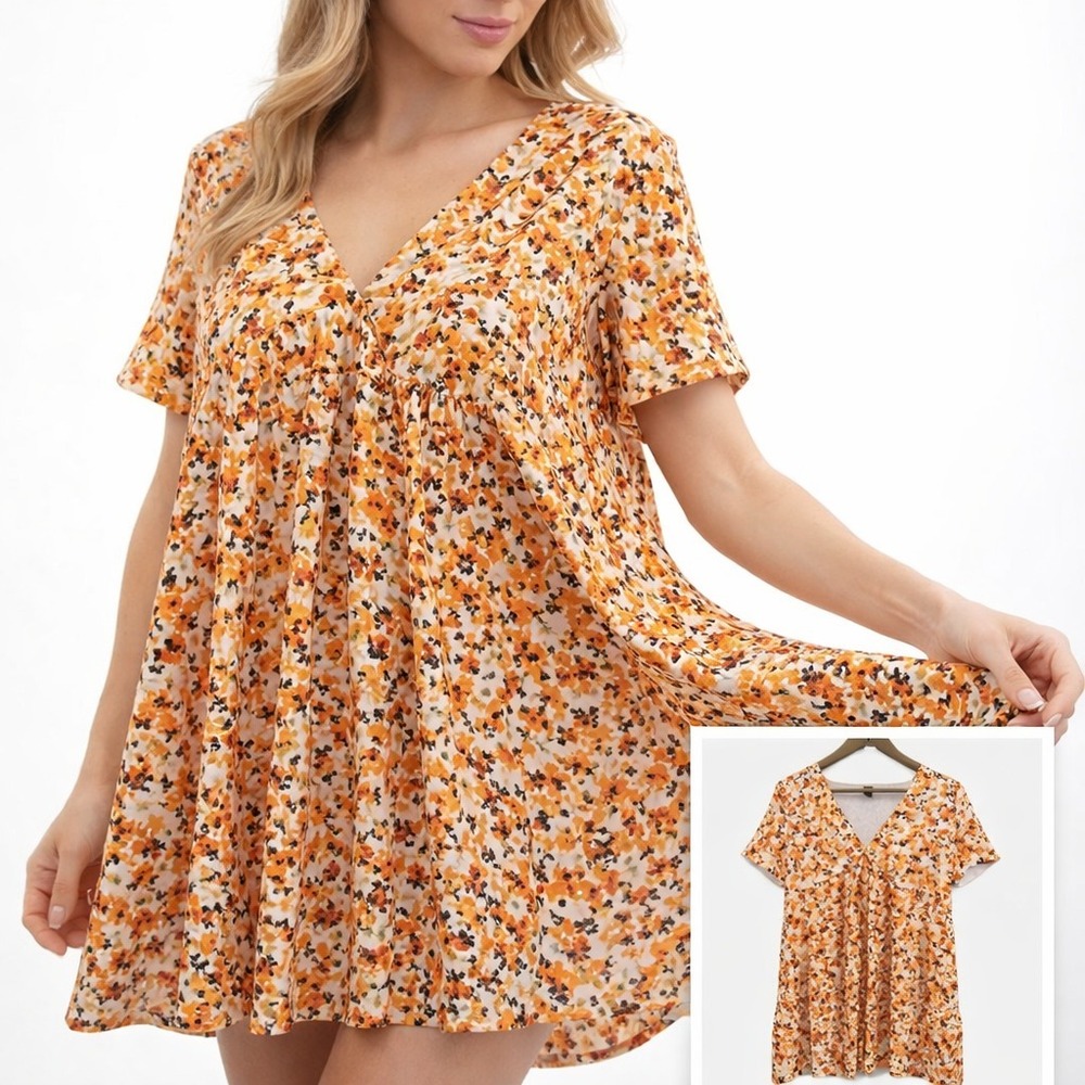 SHEIN Babydoll Mini Dress Floral Flowy Boho‎ Summer Short Sleeve Orange S